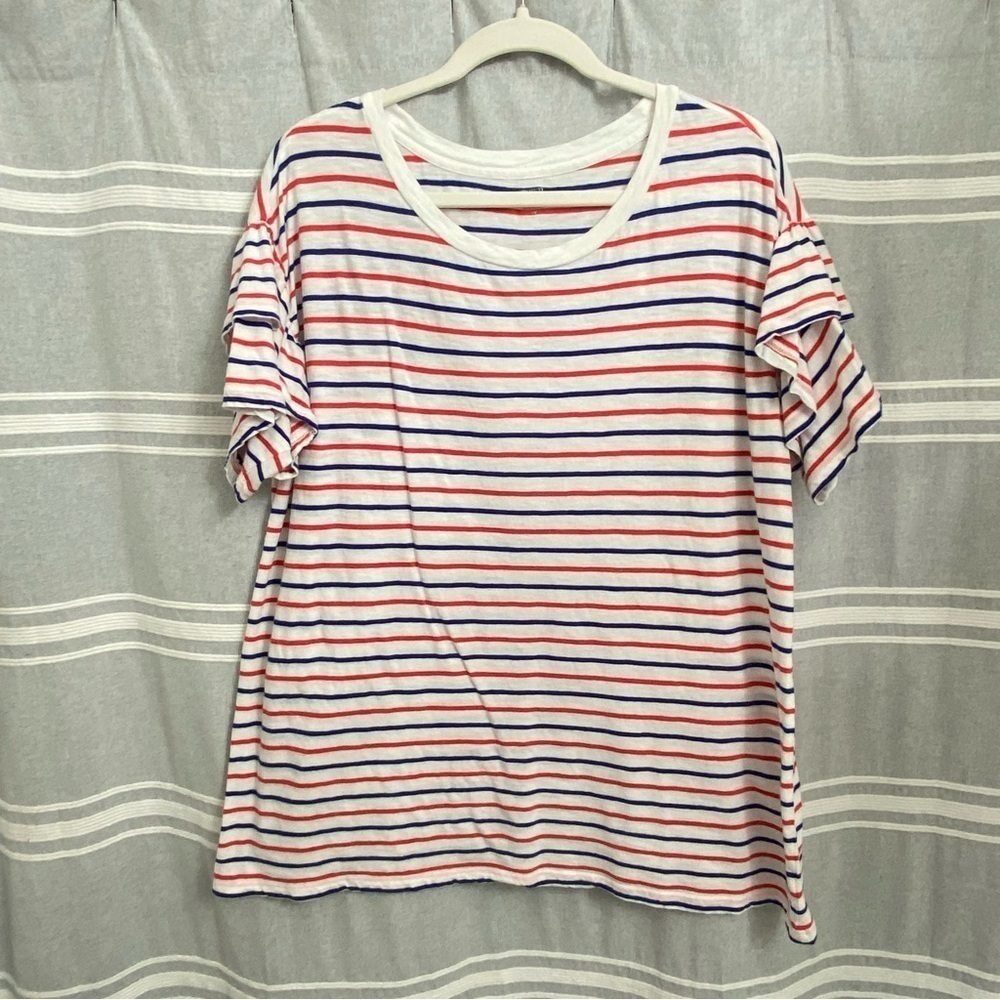 CROWN & IVY / Red, White & Blue Striped Ruffle Sleeve Short Sleeve Tee Size 1X